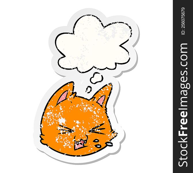 spitting cartoon cat face with thought bubble as a distressed worn sticker
