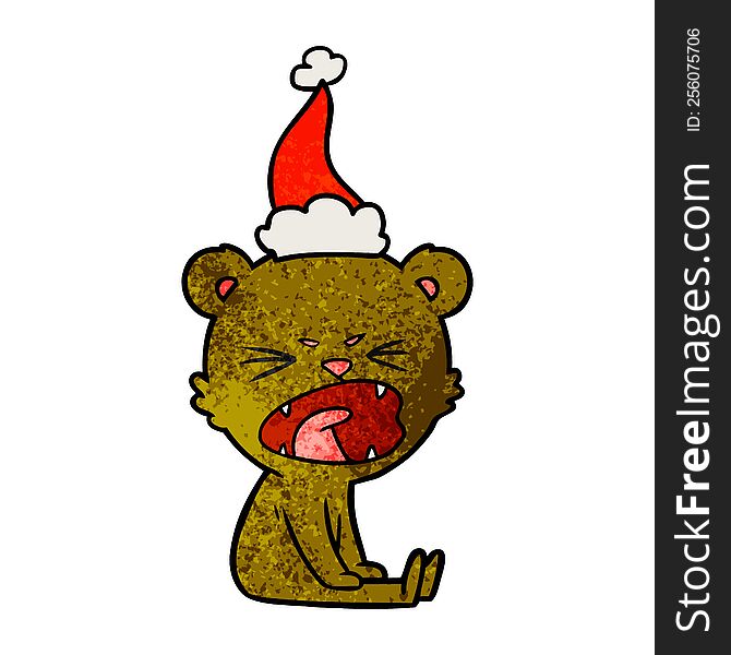 angry hand drawn textured cartoon of a bear wearing santa hat. angry hand drawn textured cartoon of a bear wearing santa hat