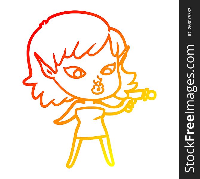 warm gradient line drawing pretty cartoon girl with ray gun