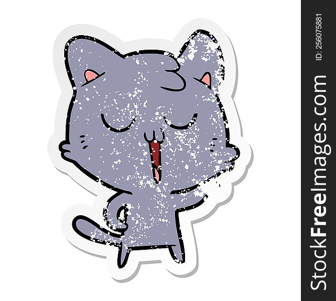Distressed Sticker Of A Cartoon Cat Singing