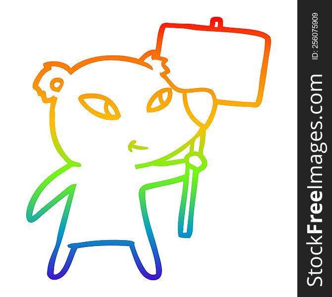 Rainbow Gradient Line Drawing Cute Cartoon Polar Bear With Protest Sign