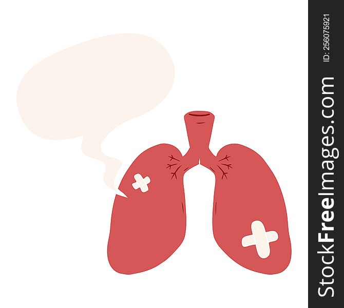 cartoon repaired lungs and speech bubble in retro style