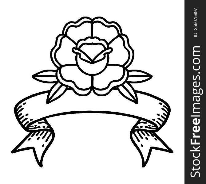traditional black linework tattoo with banner of a flower