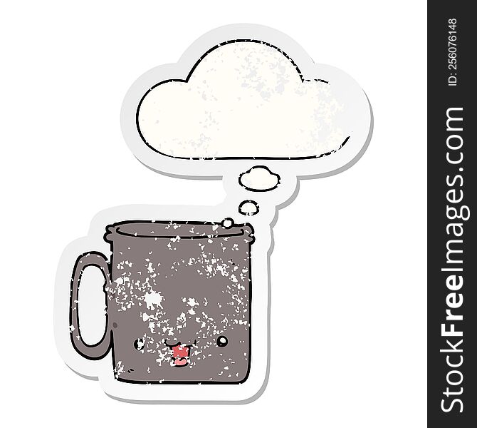 Cartoon Cup And Thought Bubble As A Distressed Worn Sticker