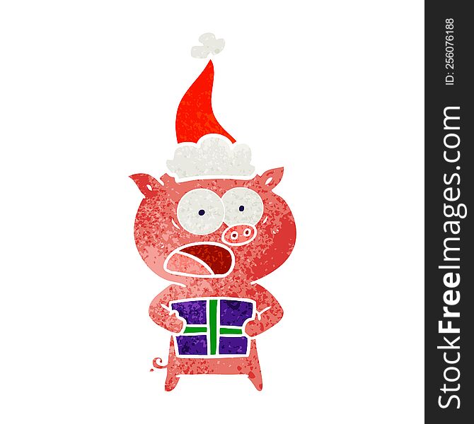 Retro Cartoon Of A Pig With Christmas Present Wearing Santa Hat