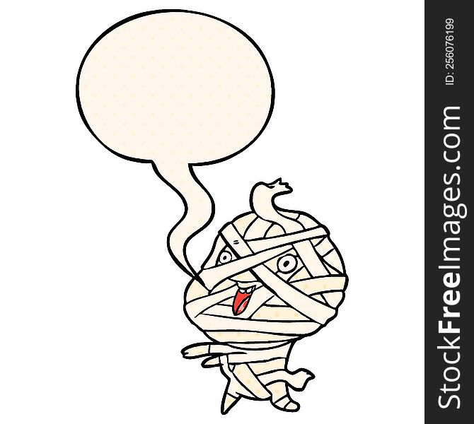 cute cartoon halloween mummy and speech bubble in comic book style