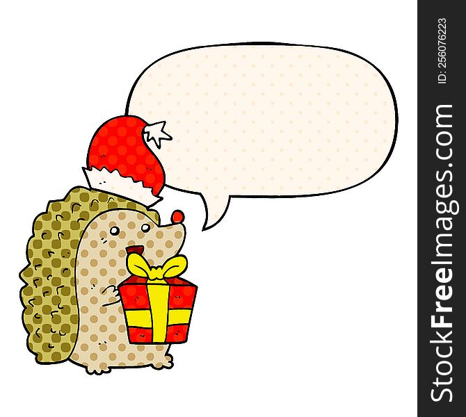Cartoon Hedgehog Wearing Christmas Hat And Speech Bubble In Comic Book Style