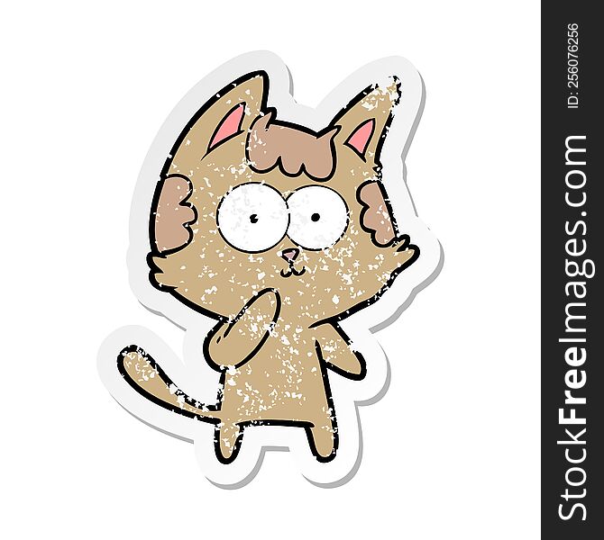 Distressed Sticker Of A Cartoon Cat Considering