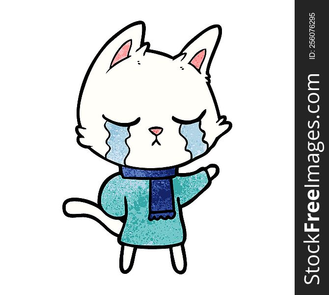 crying cartoon cat wearing winter clothes. crying cartoon cat wearing winter clothes