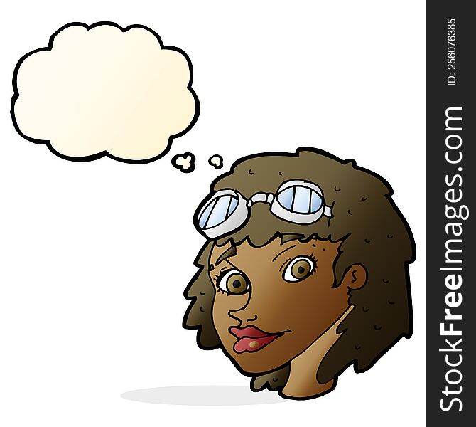 cartoon happy woman wearing aviator goggles with thought bubble