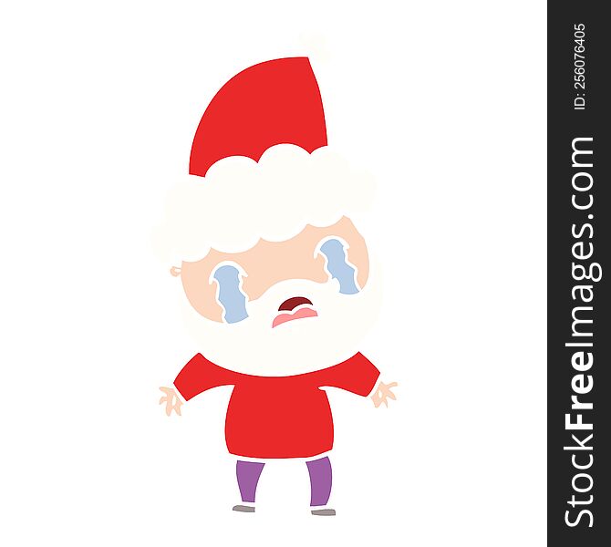 Flat Color Illustration Of A Bearded Man Crying Wearing Santa Hat