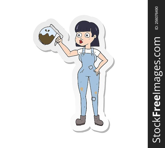 sticker of a cartoon woman in dungarees with coffee