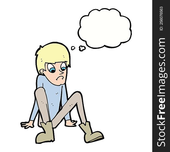 cartoon boy sitting on floor with thought bubble