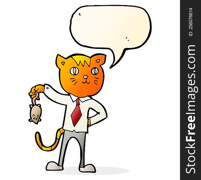 cartoon business cat with dead mouse with speech bubble