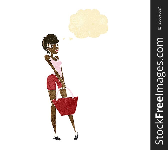 cartoon attractive woman shopping with thought bubble