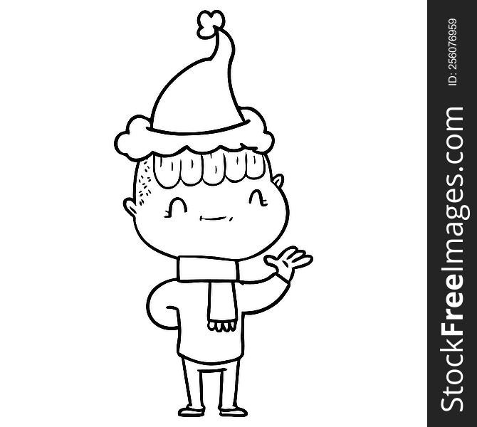 Line Drawing Of A Friendly Boy Wearing Santa Hat
