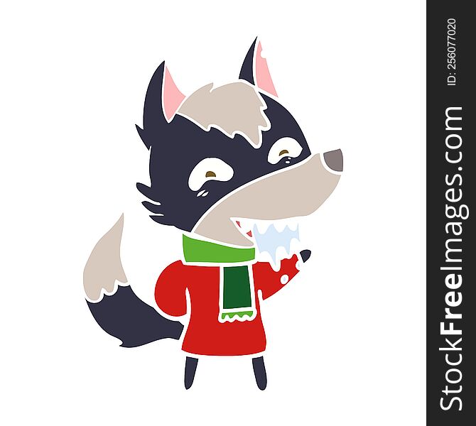 flat color style cartoon hungry wolf in winter clothes