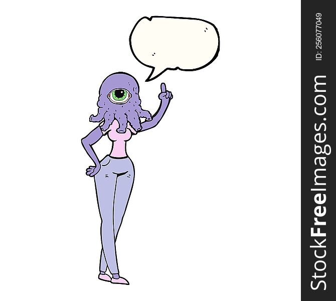 freehand drawn speech bubble cartoon female alien with raised hand