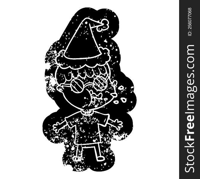 quirky cartoon distressed icon of a boy wearing spectacles wearing santa hat