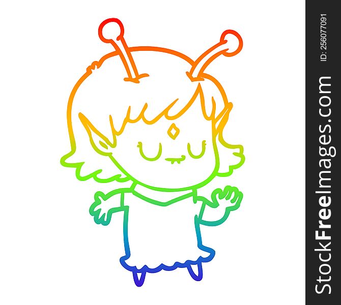 Rainbow Gradient Line Drawing Cartoon Alien Girl Dancing