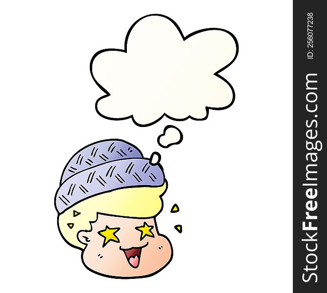 Cartoon Boy Wearing Hat And Thought Bubble In Smooth Gradient Style