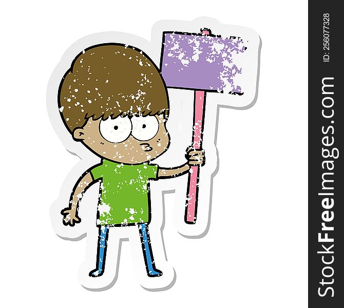 distressed sticker of a nervous cartoon boy holding placard
