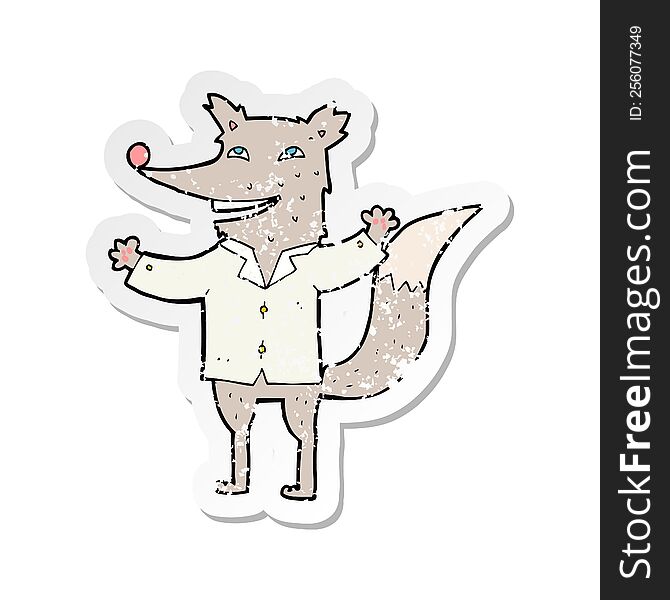 retro distressed sticker of a cartoon happy wolf wearing shirt