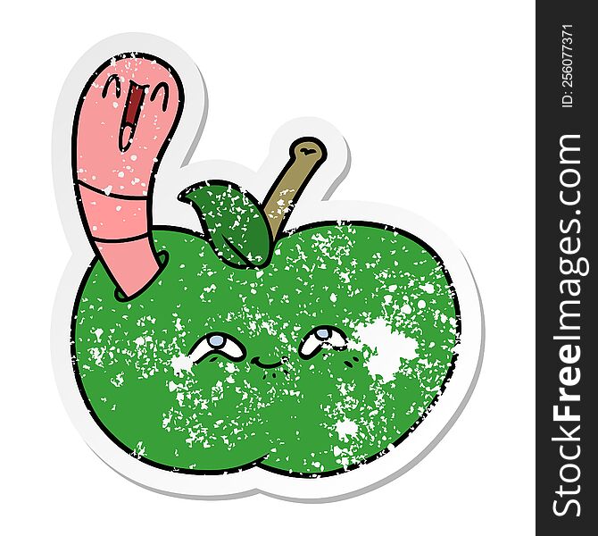 distressed sticker of a cartoon worm in happy apple