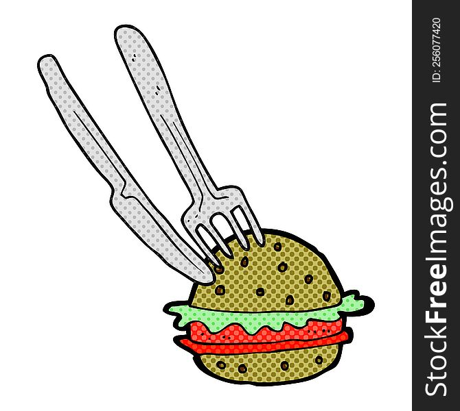 freehand drawn cartoon knife and fork cutting burger. freehand drawn cartoon knife and fork cutting burger