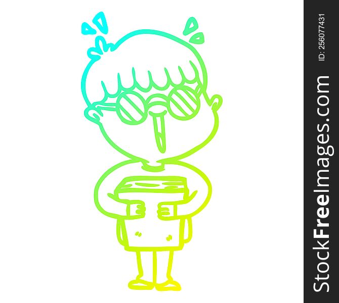 Cold Gradient Line Drawing Cartoon Boy And Book