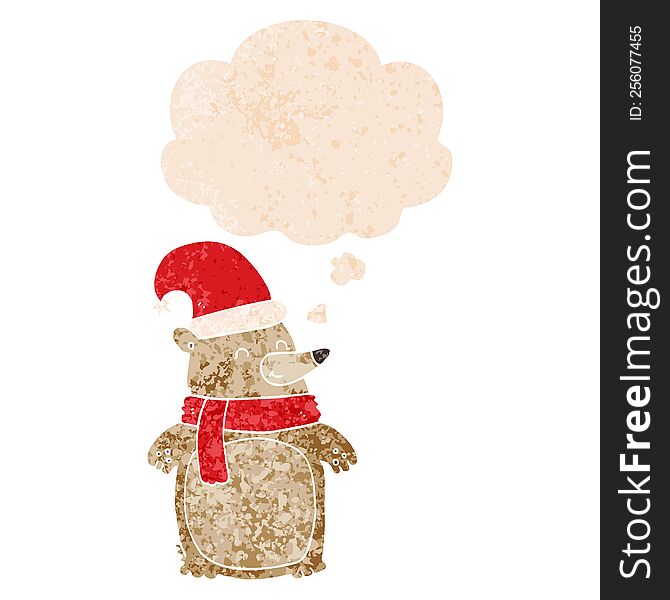 Cartoon Christmas Bear And Thought Bubble In Retro Textured Style