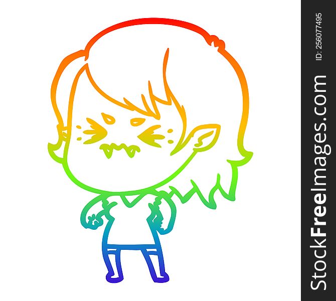 Rainbow Gradient Line Drawing Annoyed Cartoon Vampire Girl