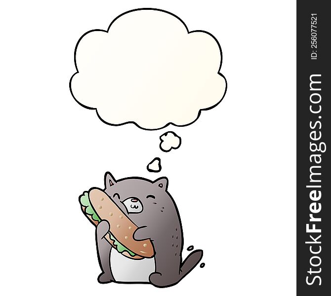 cartoon cat with sandwich with thought bubble in smooth gradient style