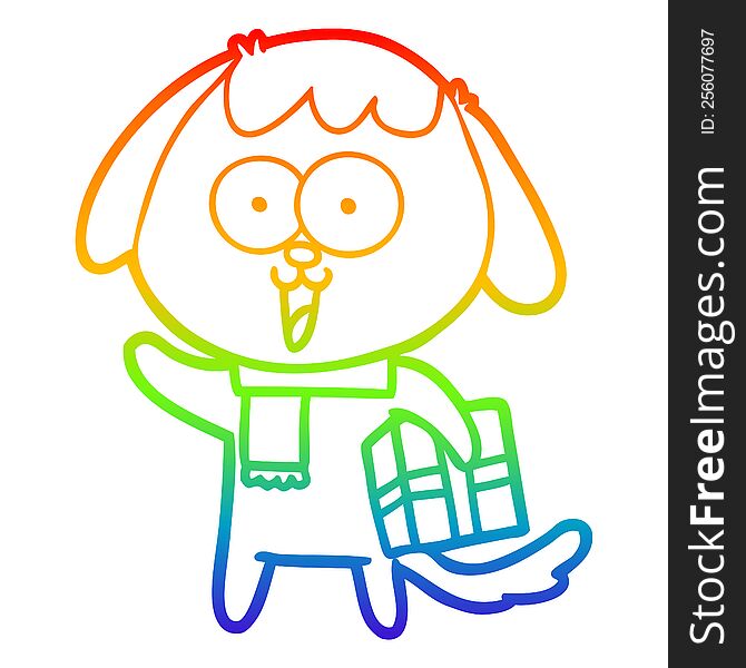 Rainbow Gradient Line Drawing Cute Cartoon Dog With Christmas Present