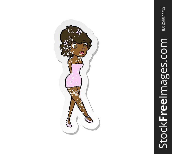 retro distressed sticker of a cartoon woman posing in dress