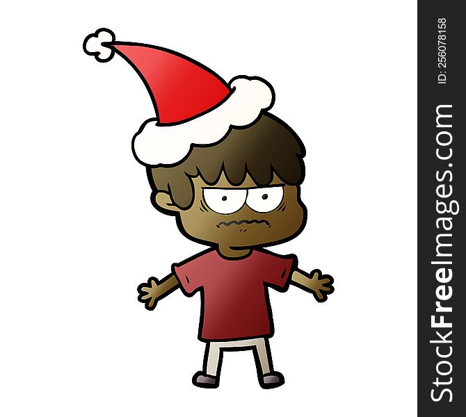 annoyed hand drawn gradient cartoon of a boy wearing santa hat. annoyed hand drawn gradient cartoon of a boy wearing santa hat