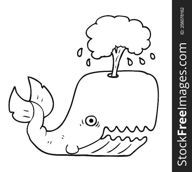 freehand drawn black and white cartoon whale spouting water