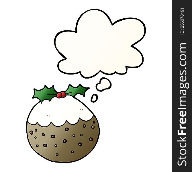 Cartoon Christmas Pudding And Thought Bubble In Smooth Gradient Style