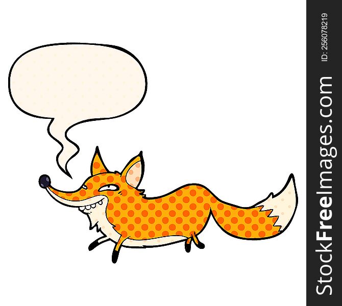 cute cartoon sly fox with speech bubble in comic book style