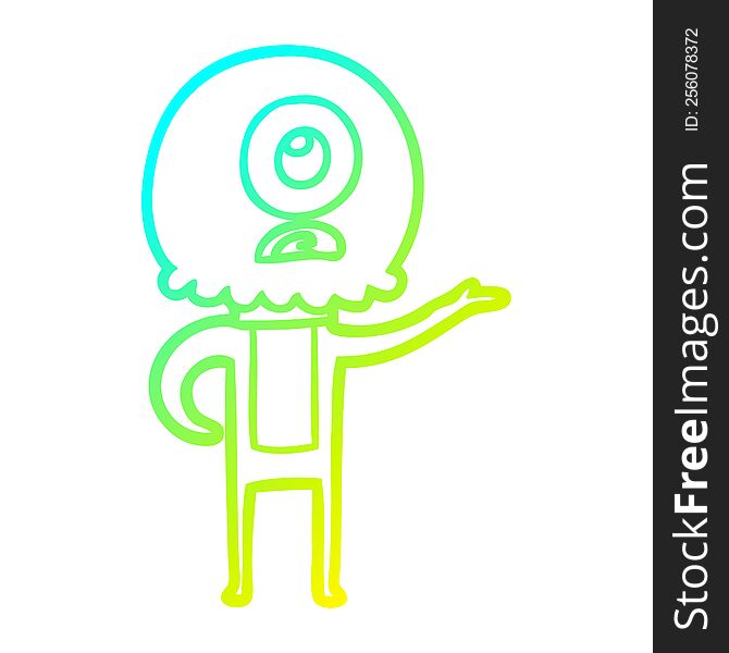 cold gradient line drawing of a cartoon cyclops alien spaceman explaining