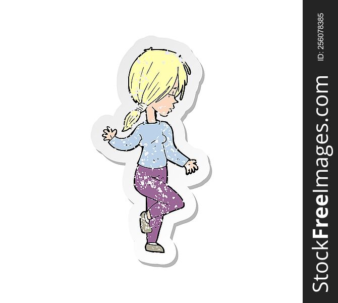 retro distressed sticker of a cartoon girl dancing
