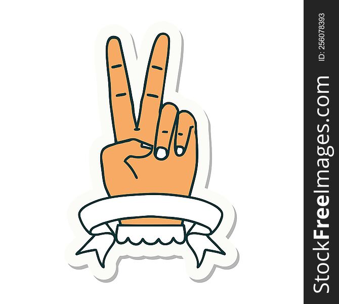 sticker of a peace two finger hand gesture with banner. sticker of a peace two finger hand gesture with banner