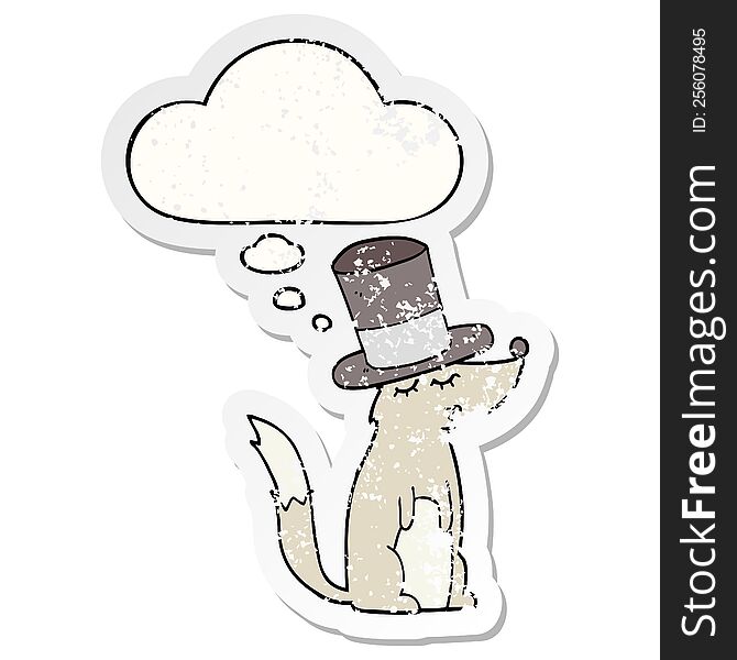 Cartoon Wolf Whistling Wearing Top Hat And Thought Bubble As A Distressed Worn Sticker