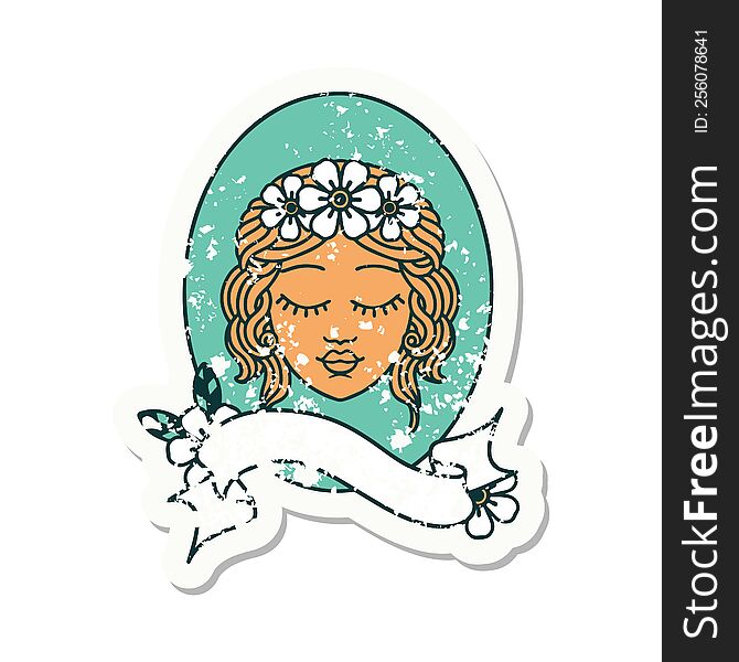 grunge sticker with banner of a maiden with eyes closed