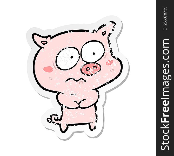 Distressed Sticker Of A Cartoon Nervous Pig