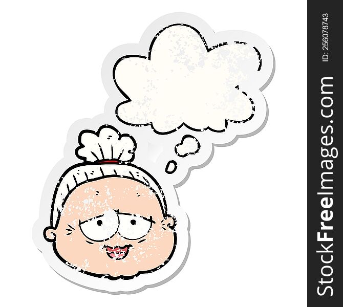 cartoon old lady with thought bubble as a distressed worn sticker