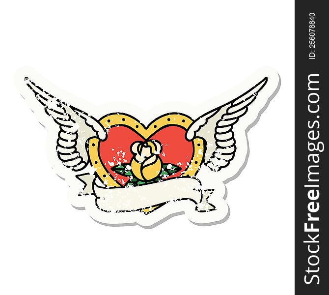 distressed sticker tattoo in traditional style of a flying heart with flowers and banner. distressed sticker tattoo in traditional style of a flying heart with flowers and banner