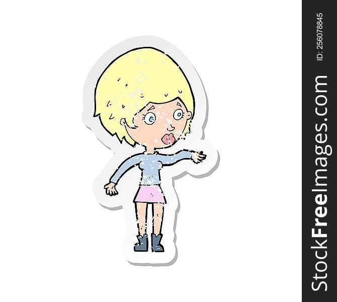 retro distressed sticker of a cartoon concerned woman reaching out