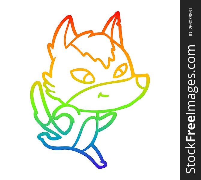 rainbow gradient line drawing of a friendly cartoon wolf running