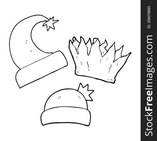 freehand drawn black and white cartoon christmas hats